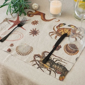 Set of natural linen coastal placemats, nautical cloth placemat with sea animals, rustic beach house decor, fabric dining place mats