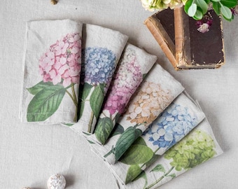 Linen Hydrangea Print Napkins, Floral Table Decor, Set of 6