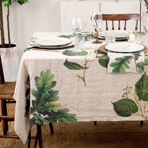 Natural Linen Tablecloth with Green Trees Prints, Leaves Table Cloth, Botanical Table Decor image 6