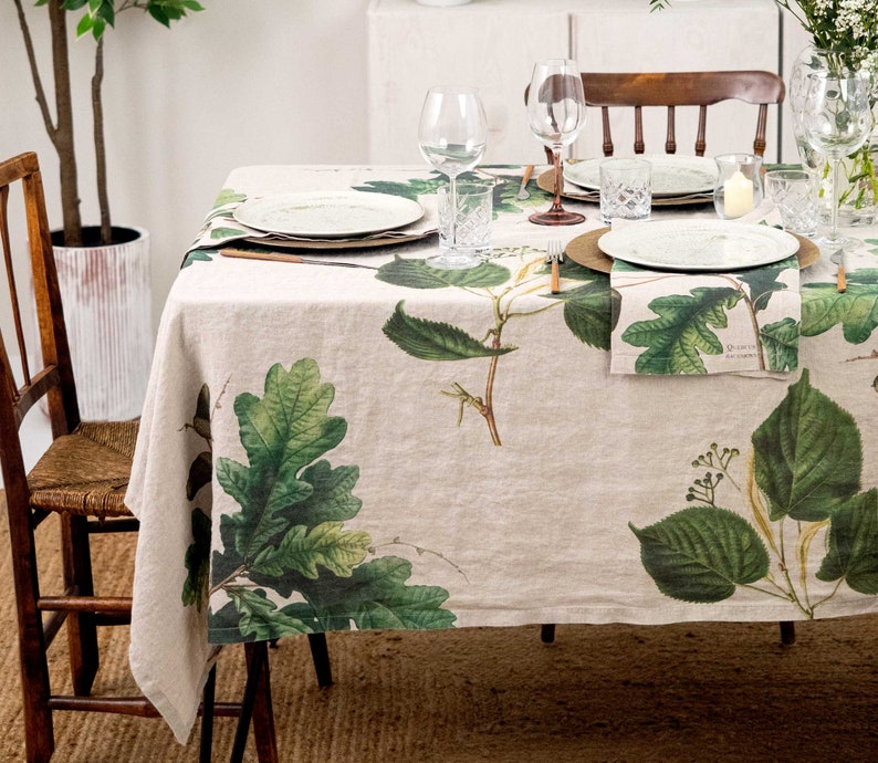 Natural Linen Tablecloth with Green Trees Prints, Leaves Table Cloth, Botanical Table Decor image 6