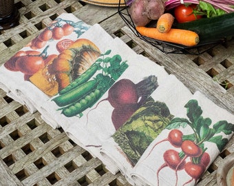 Set of Natural Linen Napkins with Vegetable Prints, Fall Cloth Dinning Napkins, Rustic Cottage Table Decor