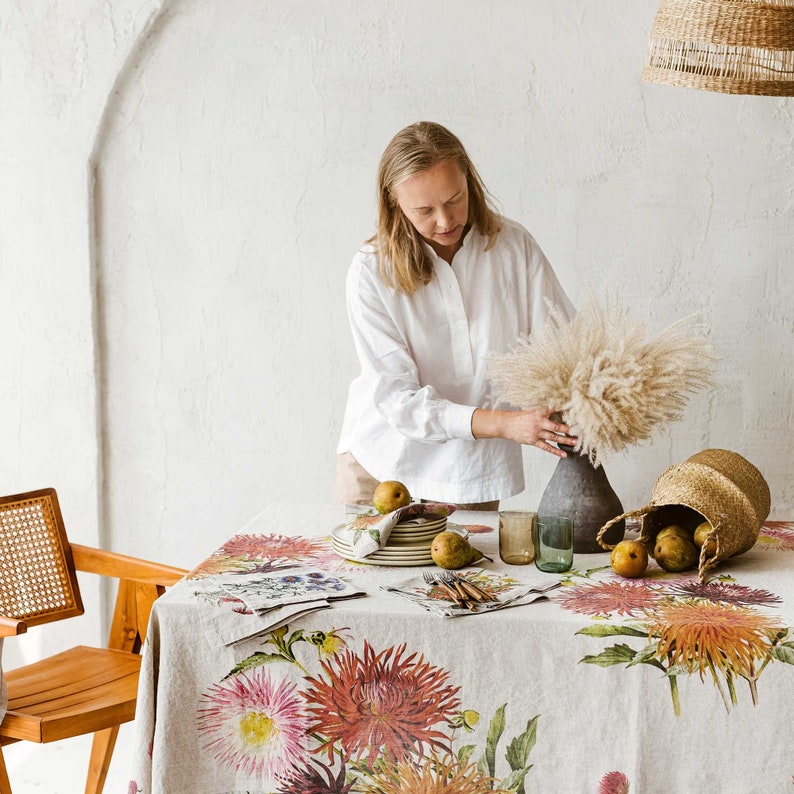 Natural Linen Tablecloth with Country Flowers Prints, Floral Fall Table Cloth, Botanical Autumn Table Decor image 5