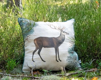 Linen Wild Deer Cushion Cover, Woodland Nature Print, Green Piping Accent (18"x18")