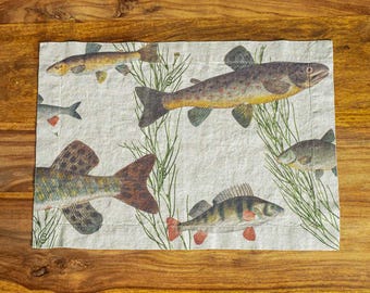 Natural Linen Placemats Set: Freshwater Fish Print, Lakeside Table Decor