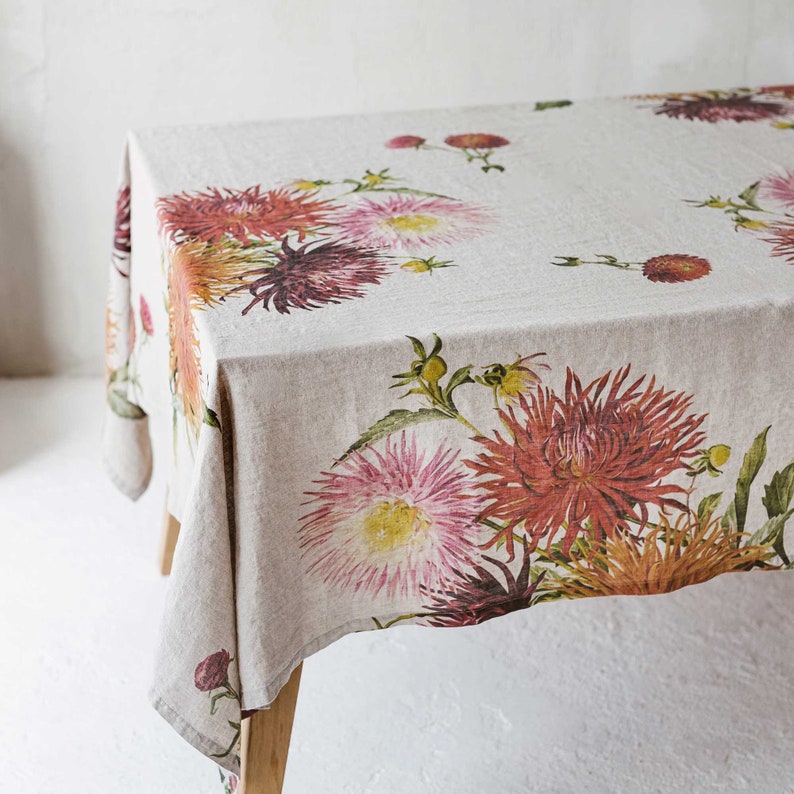 Natural Linen Tablecloth with Country Flowers Prints, Floral Fall Table Cloth, Botanical Autumn Table Decor image 2