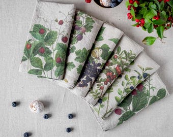 Set of 6 Linen Napkins with Berry Prints, Summer Garden Theme