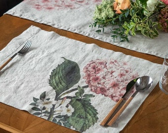 Linen placemats set with hortensia print, Botanical hydrangea cloth place mats, Flower placemat, Floral linen table mat