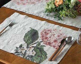 Linen placemats set with hortensia print, Botanical hydrangea cloth place mats, Flower placemat, Floral linen table mat