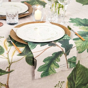 Natural Linen Tablecloth with Green Trees Prints, Leaves Table Cloth, Botanical Table Decor image 5