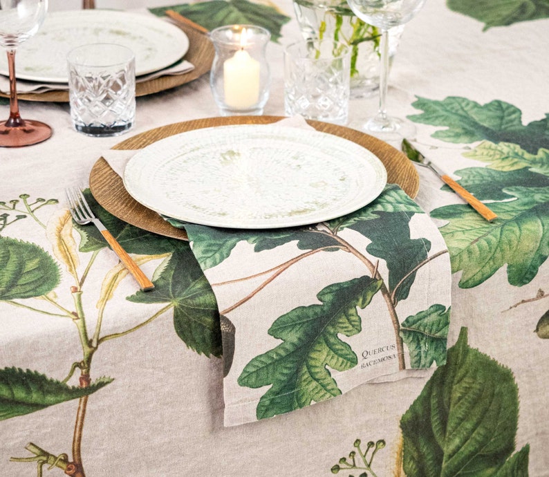 Natural Linen Tablecloth with Green Trees Prints, Leaves Table Cloth, Botanical Table Decor image 5