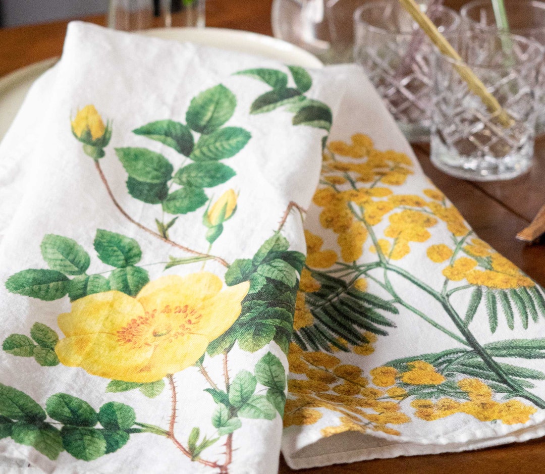 Set of White Linen Kitchen Towels With Yellow Rose and Mimosa Prints