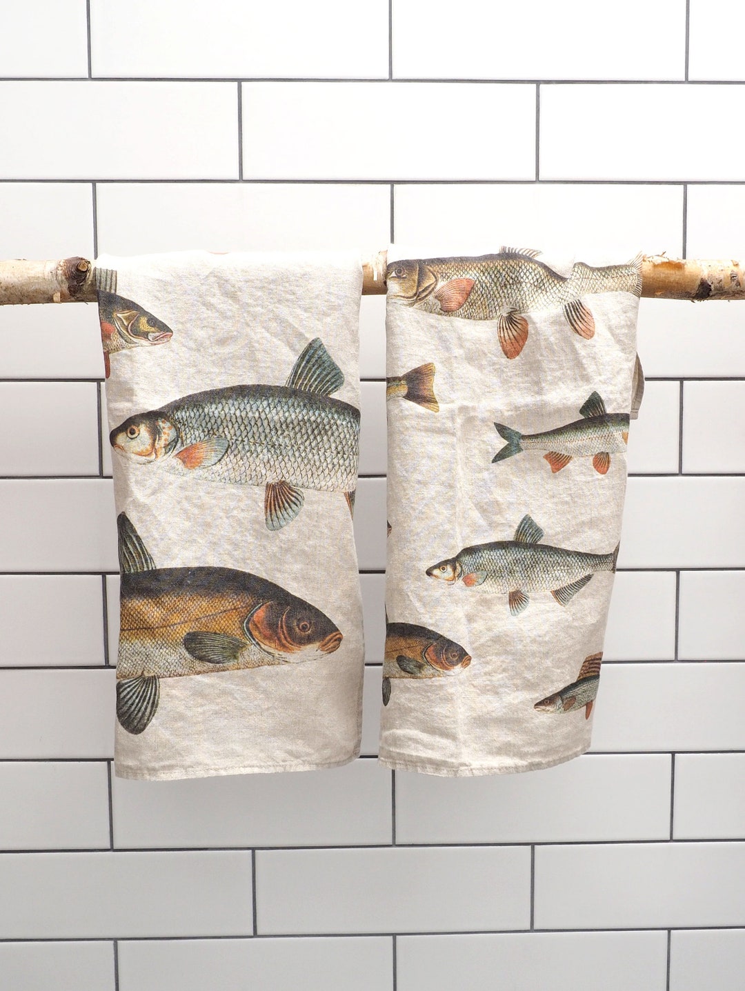Set of 2 Linen Fish Print Kitchen Towels, Rustic Linen Tea Towel Set