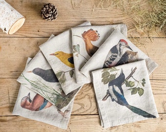 Set of Linen Napkins with Woodland Birds, Cloth Dinning Napkins, Forest Birds Table Decor