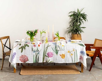 White Linen Tablecloth with Spring Flowers Prints, Bright Floral Table Decor