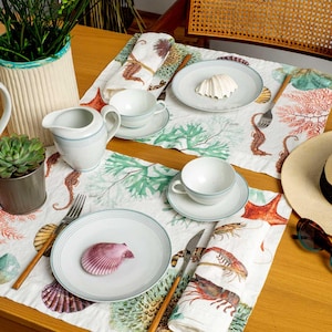 Linen placemats set with Ocean Animals print, Sea Life cloth place mats, Coastal table decor idea