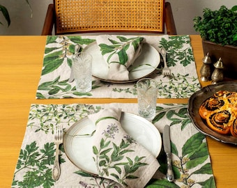 Juego de manteles individuales de lino con estampado de hierbas aromáticas, decoración botánica para la mesa.