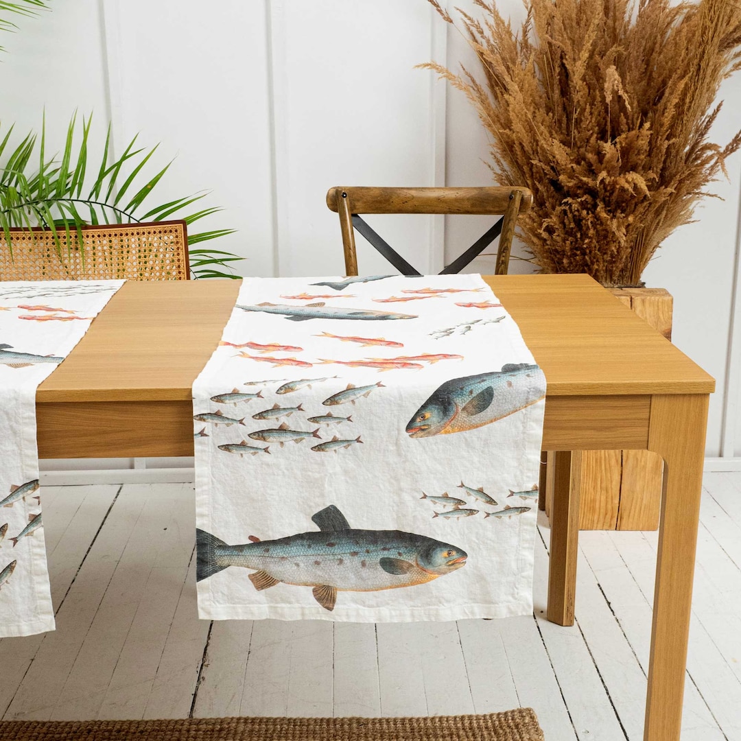 White Linen Table Runner: Sea Fish Print, Coastal Decor - Etsy