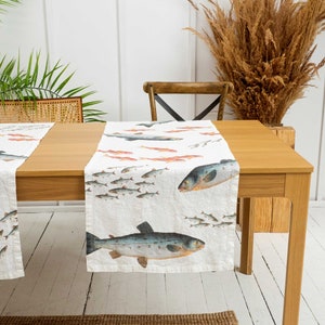 White Linen Table Runner with Sea Fish Prints, Coastal Table Decor, Mediterranean Cloth Table Runner