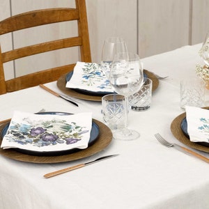 Set of White Linen Napkins with Blue Flowers, Floral Cloth Dinning Napkins, Blue Table Decor image 8