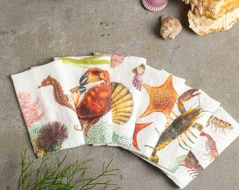 Set of White Linen Napkins with Ocean Animals Prints, Mediterranean table decor, Sealife Creatures