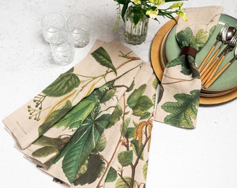 Set of Washed Linen Napkins with Tree Print, Woodland Cloth Napkins, Green Botanical Table Decor