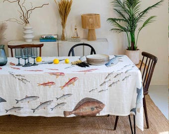 White Linen Tablecloth with Sea Fish Prints, Coastal Sea Life Table Decor