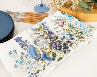 Ensemble de serviettes en lin blanc avec fleurs bleues, serviettes à manger en tissu floral, décor de table bleu