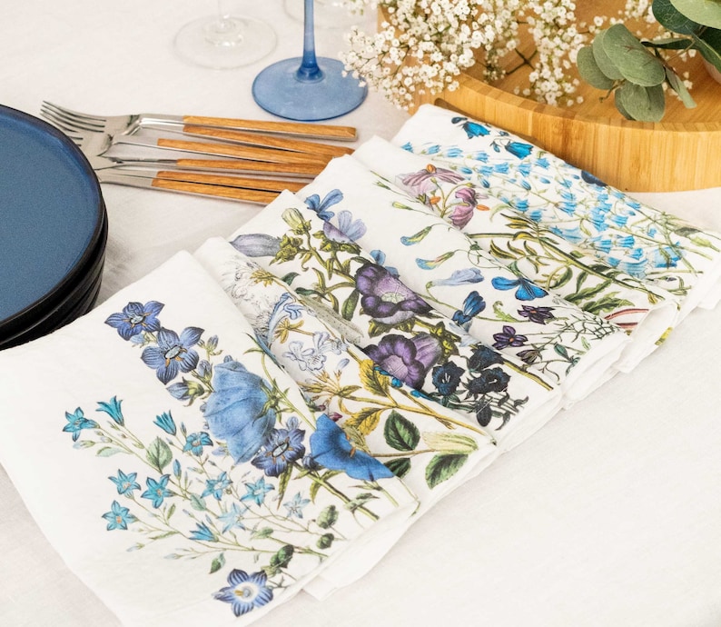Set of White Linen Napkins with Blue Flowers, Floral Cloth Dinning Napkins, Blue Table Decor image 1