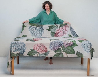 Natural Linen Tablecloth with Hydrangea Prints, Bold Floral Table Decor