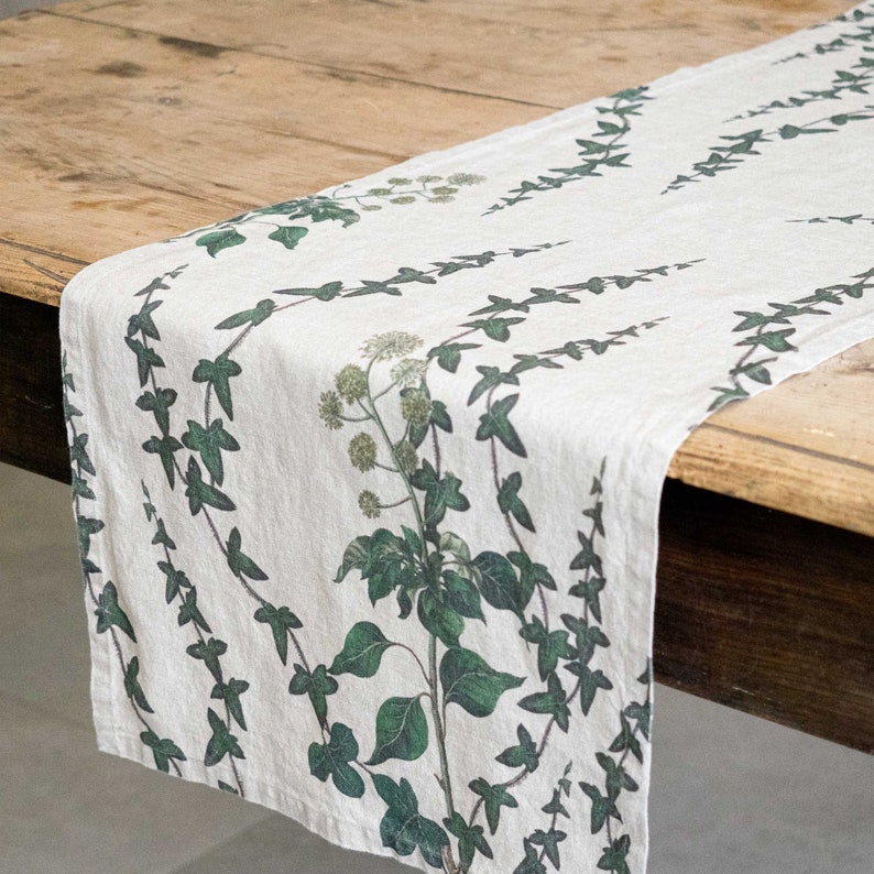 Linen table runner with Ivy print, Lodge table decor idea, Woodland table decor image 4