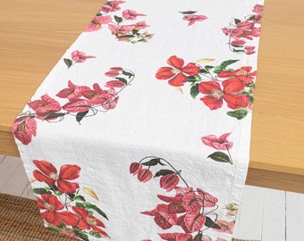Floral Linen Table Runner with Leather flower and Bougainvillea Print, Botanical Table Decor, Cloth Table Runner