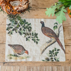 Linen placemats set with forest birds print, Woodland bird cloth place mats, Lodge table decor idea