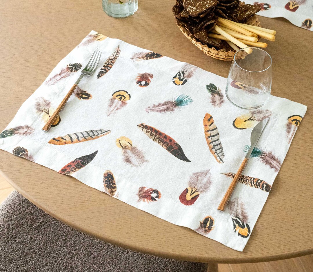 Linen Placemats Set With Feathers Print, White Cloth Place Mats, Dreamy ...