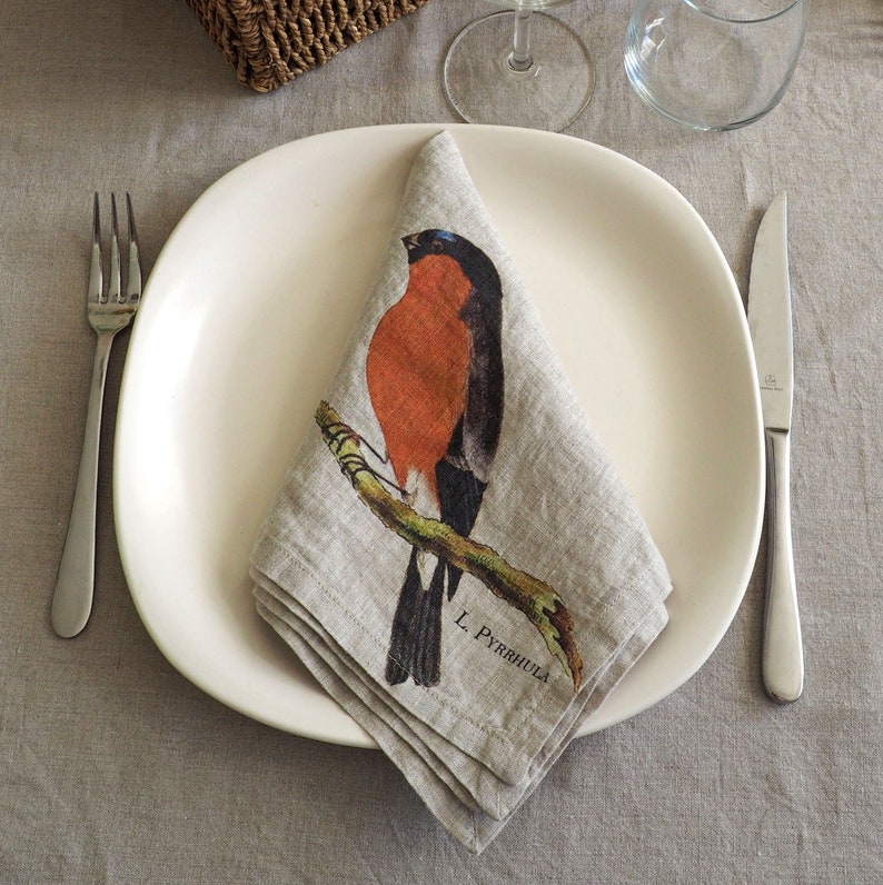 Set of Linen Napkins with Garden Birds Cloth Dinning Napkins Etsy