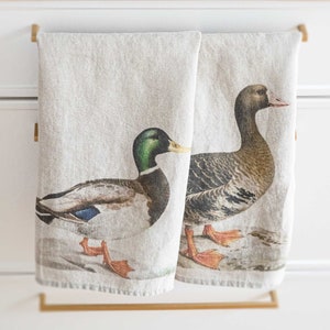 Set of 2 Linen Kitchen Towels with Duck and Goose Prints, Linen Tea Towel Set, Printed Dish Towel, Wild Birds Kitchen Decor