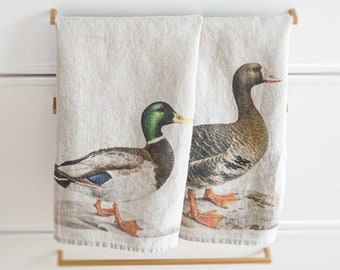 Set of 2 Linen Kitchen Towels with Duck and Goose Prints, Linen Tea Towel Set, Printed Dish Towel, Wild Birds Kitchen Decor