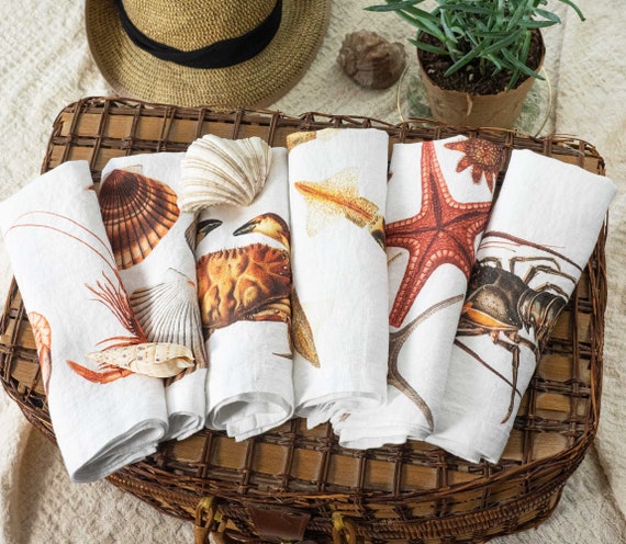 Set of Linen Napkins With Sea Life Prints, Coastal Cloth Dinning Napkins, Nautical  Table Decor, Beach House Decor 