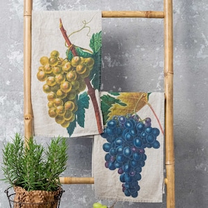 Set of Natural Linen Grapes Kitchen Towels, Fruit Print Tea Towel Set, Farmhouse Dish Towel, Cottage Kitchen Decor