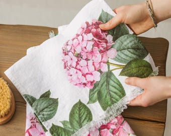 Linen Guest Towels (Set of 2): Hydrangea Bathroom Decor, Floral Print