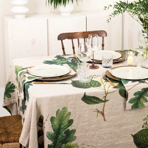 Natural Linen Tablecloth with Green Trees Prints, Leaves Table Cloth, Botanical Table Decor image 4