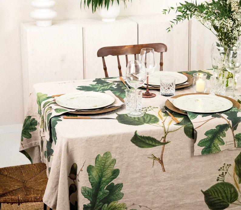 Natural Linen Tablecloth with Green Trees Prints, Leaves Table Cloth, Botanical Table Decor image 4