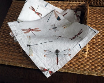 Set of White Linen Napkins with Dragonflies, Cloth Dinning Napkins, Spring Table Decor, Dragonfly gift