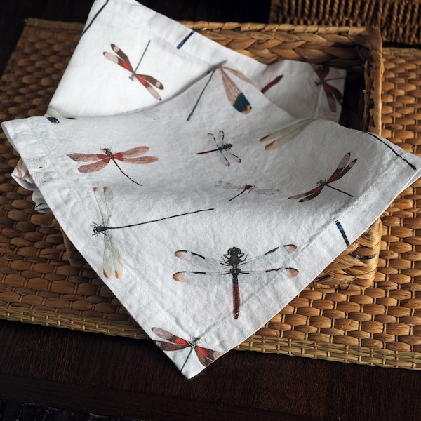 Conjunto de servilletas de lino blanco con libélulas, servilletas de comedor de tela, decoración de mesa de primavera, regalo de libélula