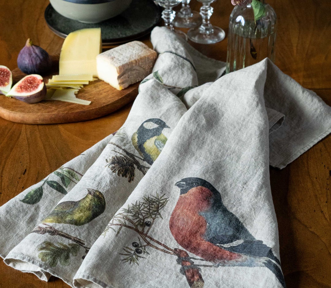 Linen Kitchen Towels Small Birds (set of 2) - LINOROOM 100% LINEN