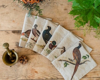リネンナプキン6枚セット：森の鳥のプリント、素朴なナチュラルリネン装飾