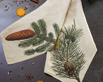 Set of Linen Kitchen Towels With Spruce and Pine Prints, Conifer Design Tea Towels, Printed Christmas Kitchen Towel