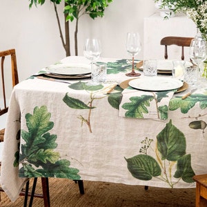 Natural Linen Tablecloth with Green Trees Prints, Leaves Table Cloth, Botanical Table Decor image 1