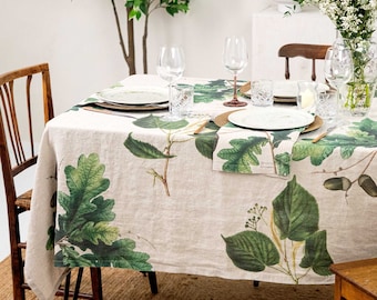 Natural Linen Tablecloth with Green Trees Prints, Leaves Table Cloth, Botanical Table Decor