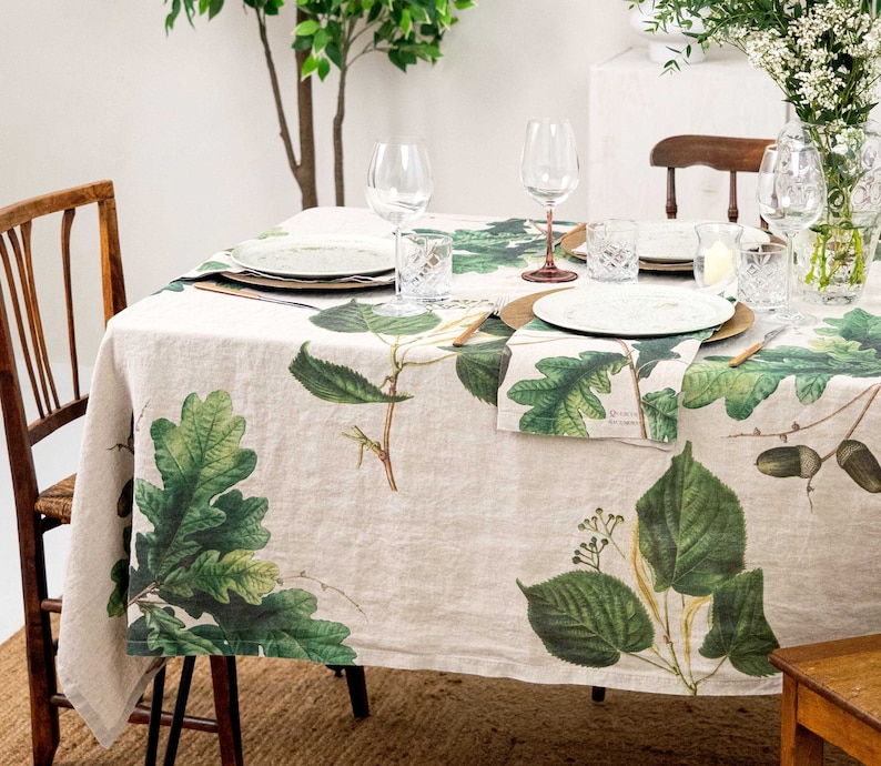 Natural Linen Tablecloth with Green Trees Prints, Leaves Table Cloth, Botanical Table Decor image 1