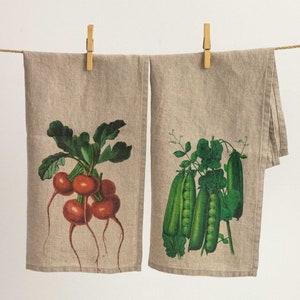 Set of Natural Linen Vegetable Kitchen Towels, Peas and Radish Print Tea Towel Set, Spring Dish Towel, Cottage Kitchen Decor